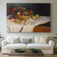 Canvas art print detailing a tabletop composition with fruit and subtle shadows, centered above a sofa as a large focal wall piece