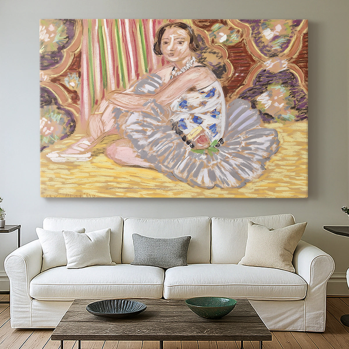 Canvas art print detailing a stylized composition of a female dancer indoors, centered above a sofa as a large focal wall piece