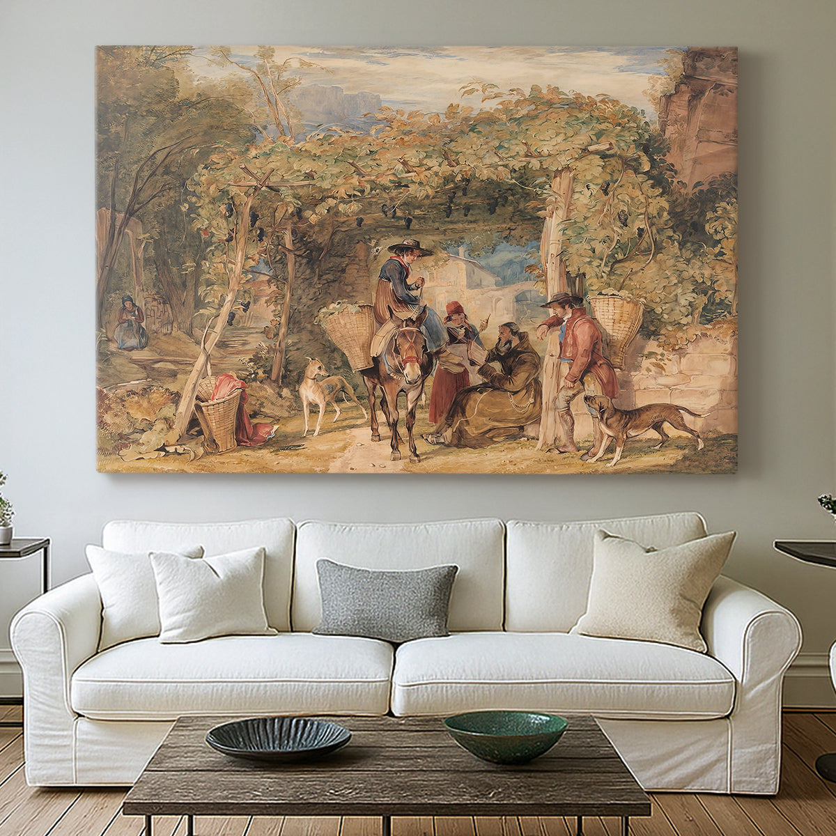 Canvas art print detailing a stylized vineyard setting with figures and livestock, centered above a sofa as a large focal wall piece
