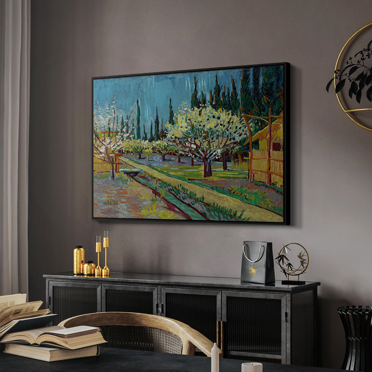 Orchard in Blossom, Bordered by Cypresses, 1888 - Floater Framed Canvas Print