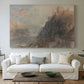 Canvas art print detailing a composition combining waterway and castles, centered above a sofa as a large focal wall piece