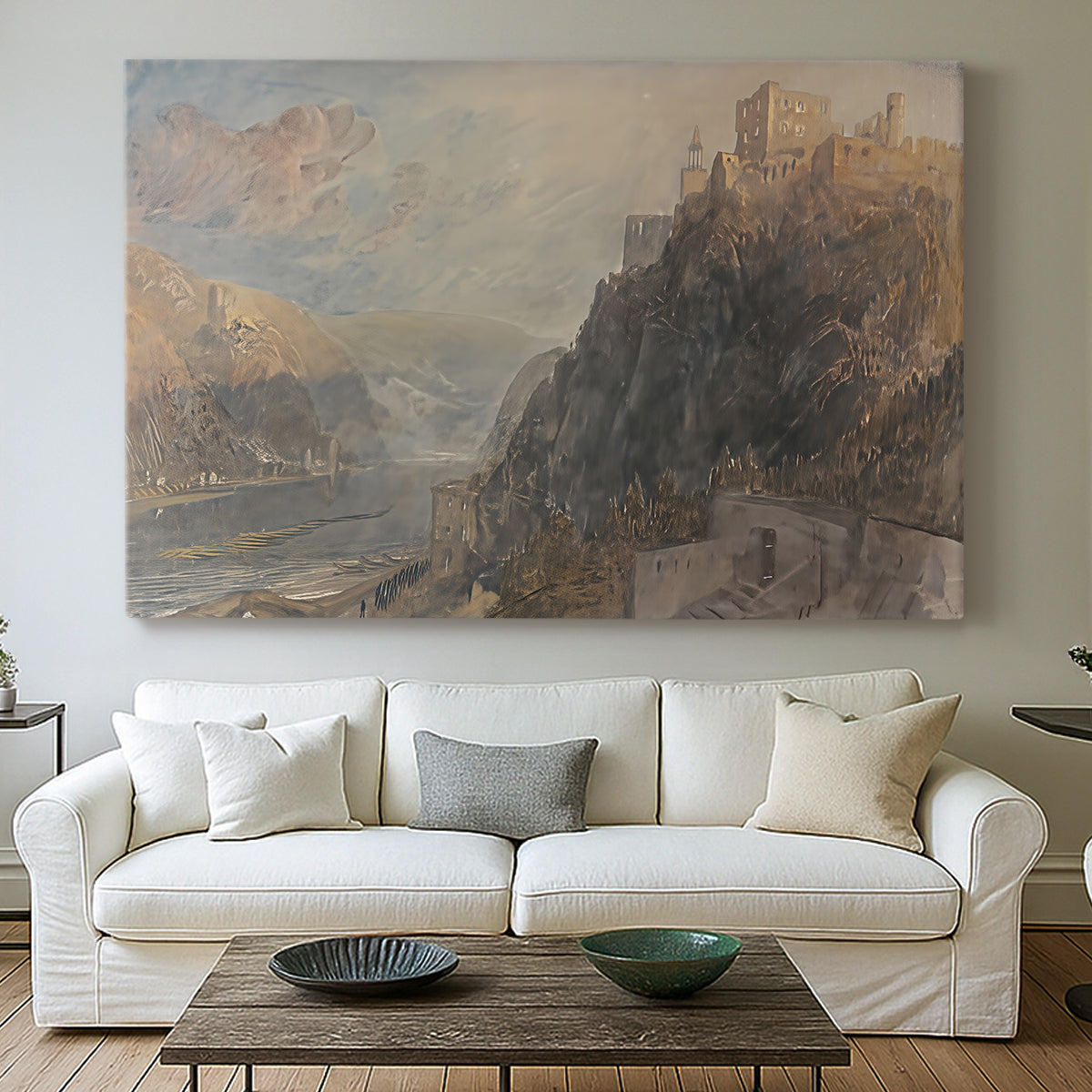 Canvas art print detailing a composition combining waterway and castles, centered above a sofa as a large focal wall piece