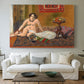 Canvas art print detailing a stylized composition combining figure and still life elements, centered above a sofa as a large focal wall piece