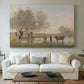 Canvas art print detailing a countryside setting with cows in damp environment, centered above a sofa as a large focal wall piece