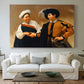 Canvas art print detailing a genre scene of fortune telling with subtle theft, centered above a sofa as a large focal wall piece