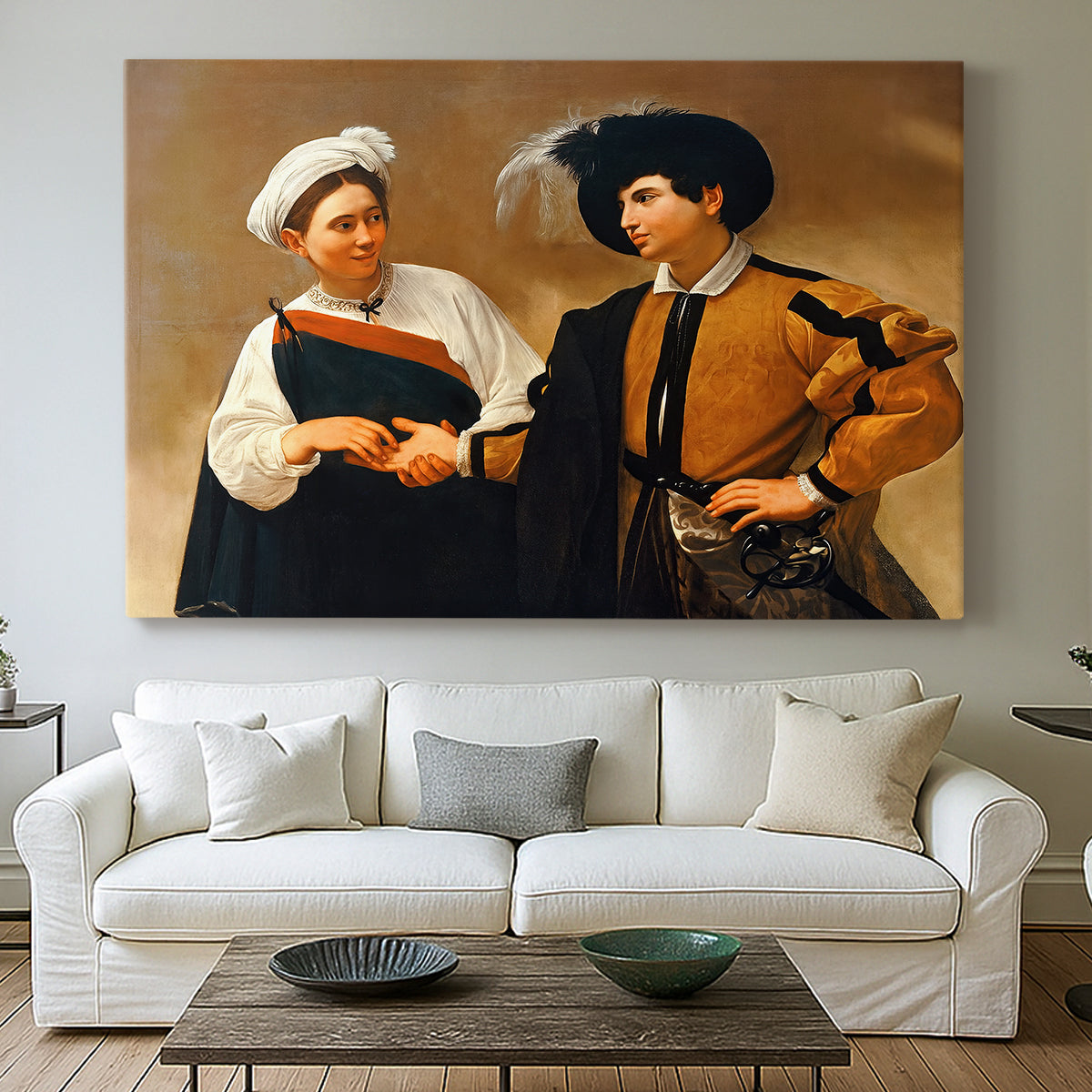 Canvas art print detailing a genre scene of fortune telling with subtle theft, centered above a sofa as a large focal wall piece