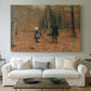 Canvas art print detailing a countryside depiction of parent and children in woodland, centered above a sofa as a large focal wall piece