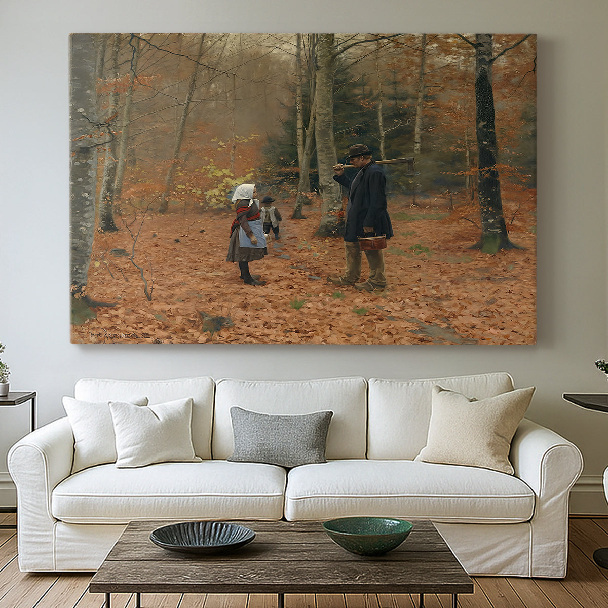 Canvas art print detailing a countryside depiction of parent and children in woodland, centered above a sofa as a large focal wall piece