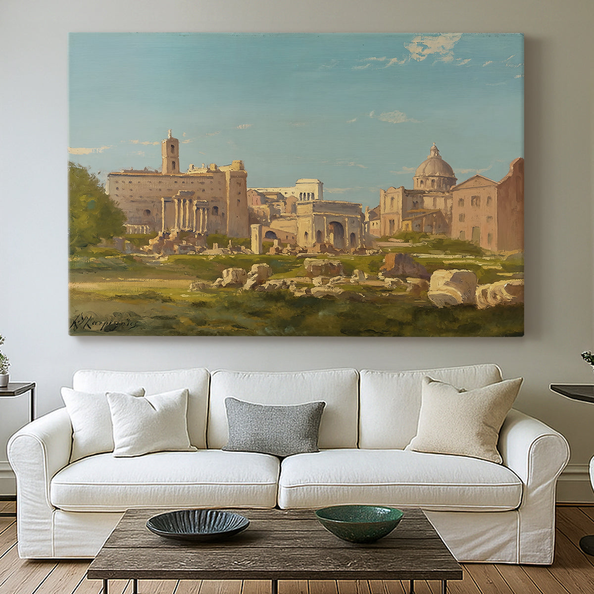 Canvas art print detailing a detailed depiction of Roman architecture in outdoor setting, centered above a sofa as a large focal wall piece
