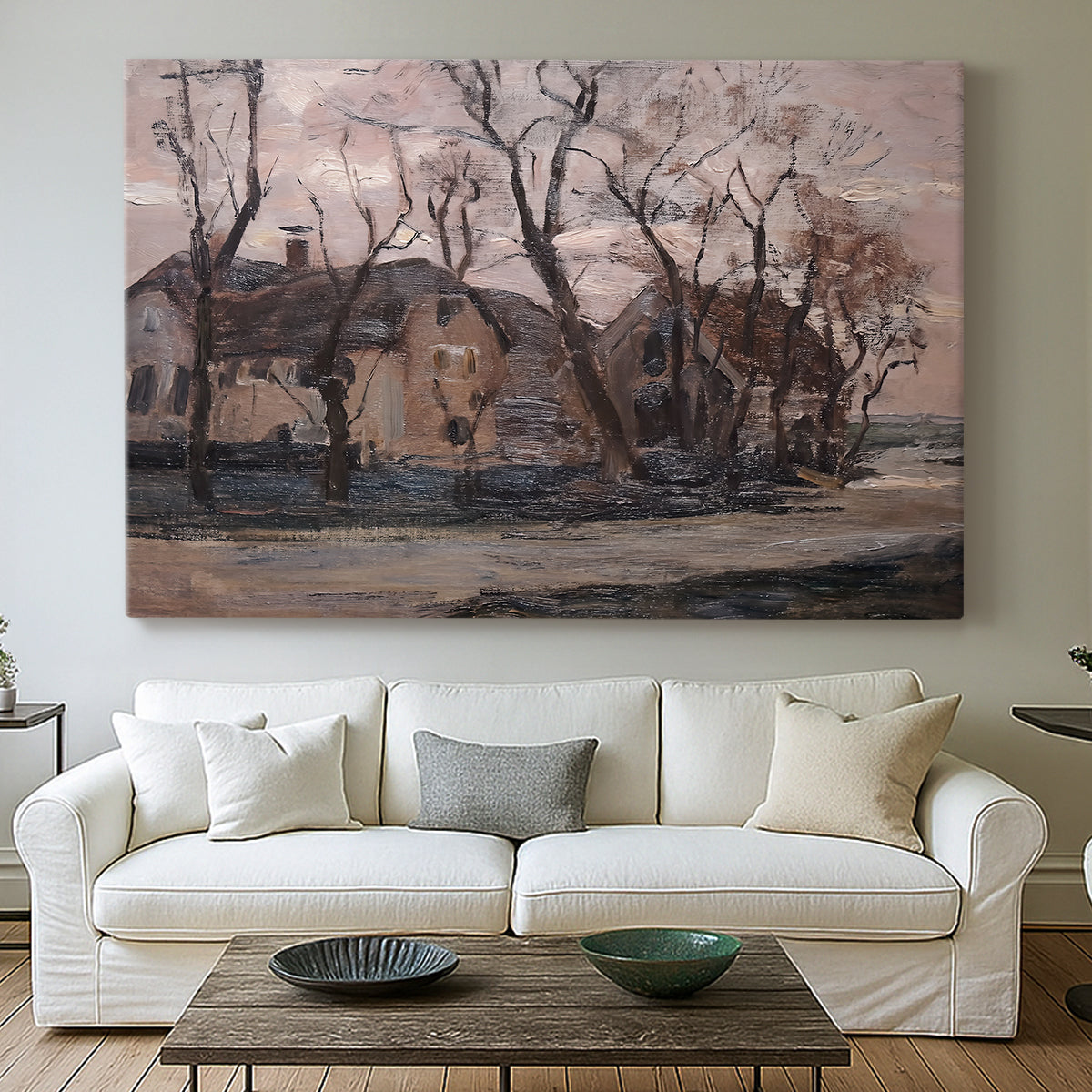 Canvas art print detailing an early modern composition with restrained color palette, centered above a sofa as a large focal wall piece