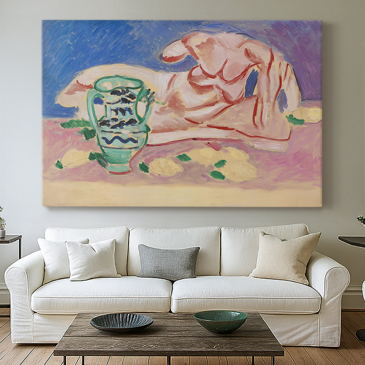 Canvas art print detailing a stylized figure study with decorative color blocks, centered above a sofa as a large focal wall piece