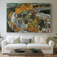 Canvas art print detailing an architectural scene with houses arranged in curved composition, centered above a sofa as a large focal wall piece