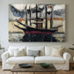 Canvas art print detailing a stylized nautical composition, centered above a sofa as a large focal wall piece
