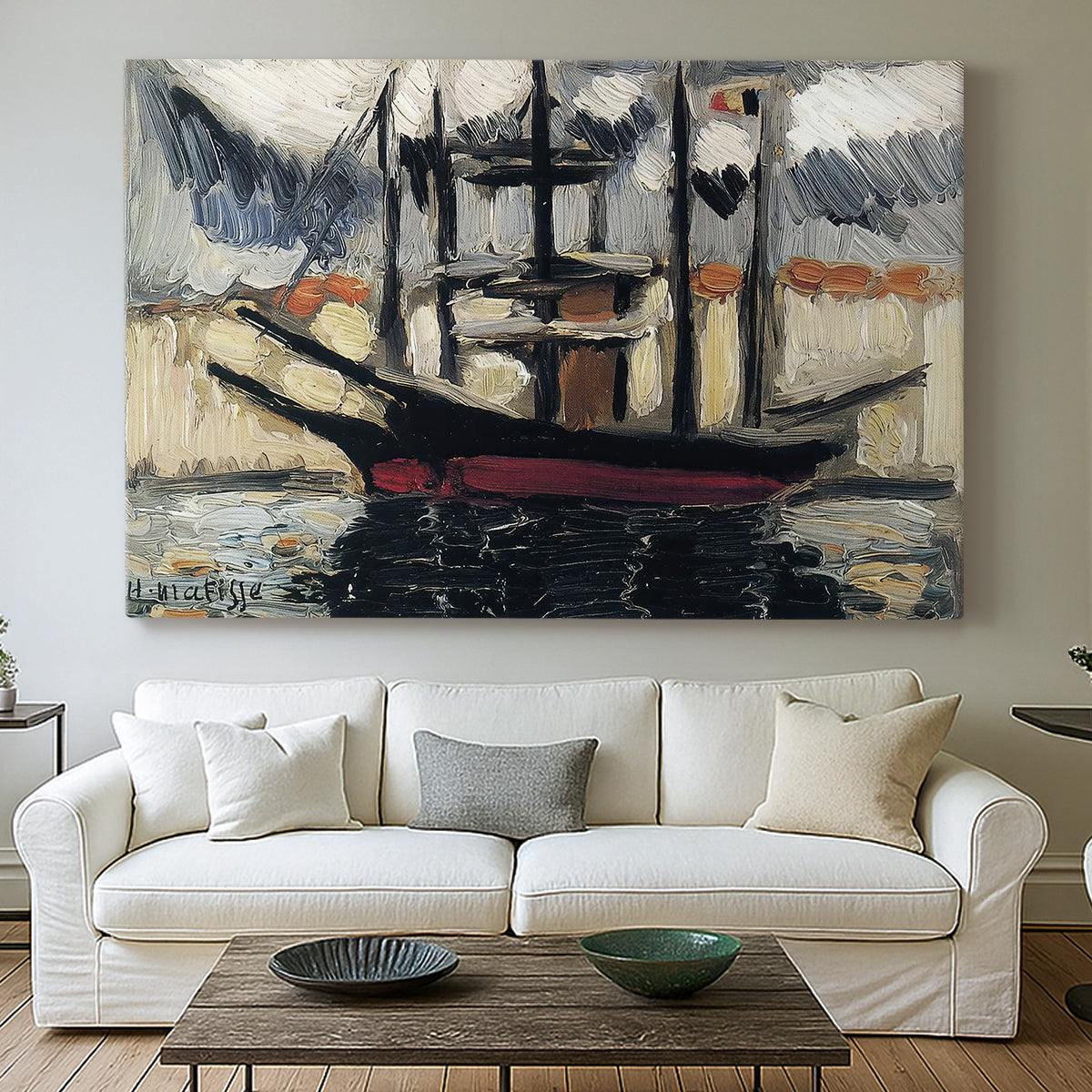 Canvas art print detailing a stylized nautical composition, centered above a sofa as a large focal wall piece