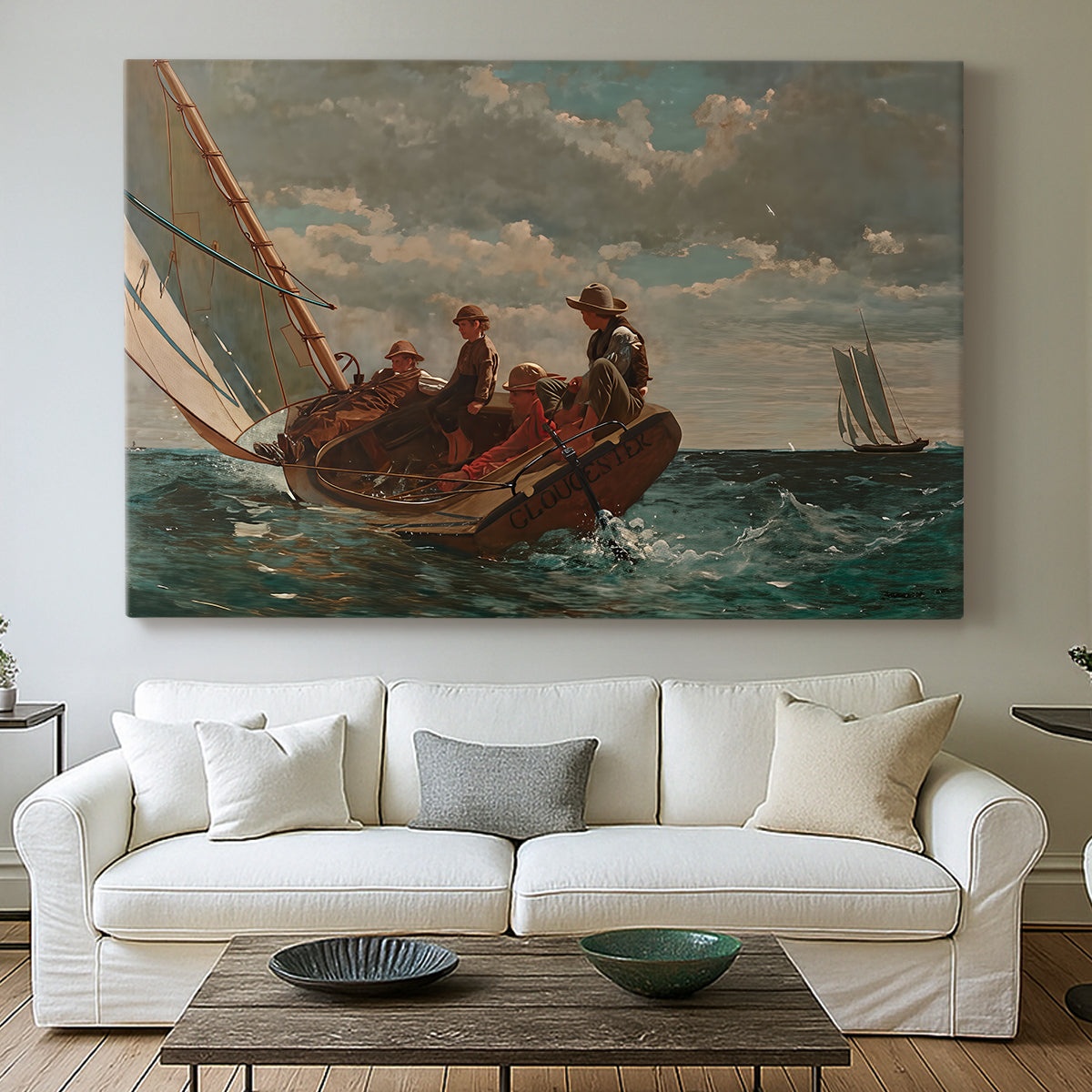 Canvas art print detailing a coastal water scene showing movement driven by wind, centered above a sofa as a large focal wall piece