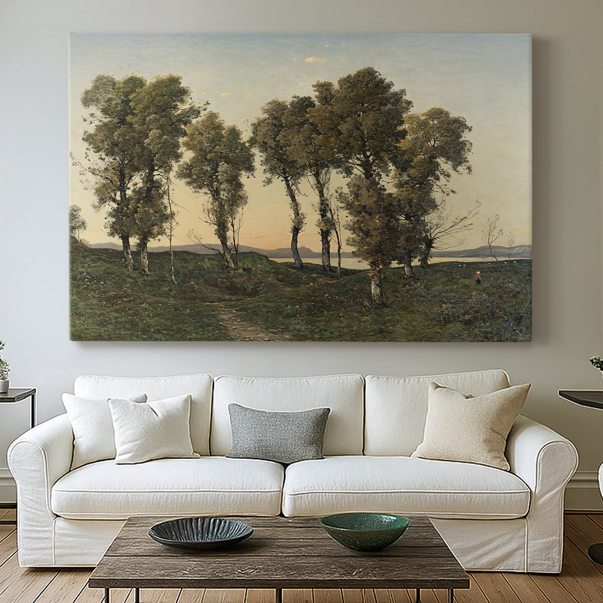 Canvas art print detailing an atmospheric autumn setting with warm tones and calm mood, centered above a sofa as a large focal wall piece