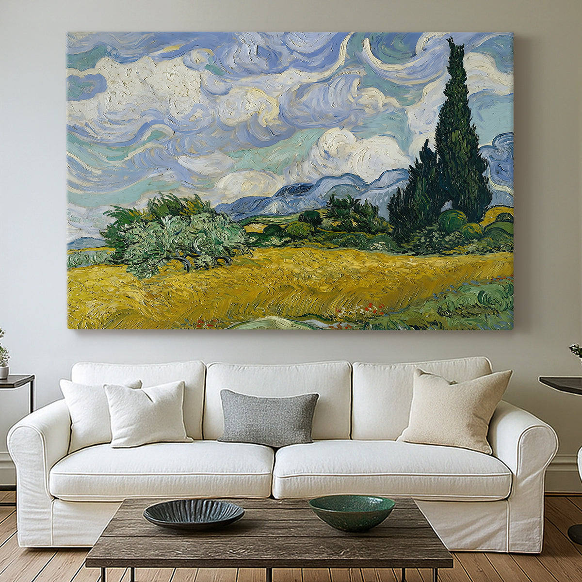 Canvas art print detailing a stylized field composition with bold contrasts, centered above a sofa as a large focal wall piece