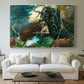 Canvas art print detailing a rustic setting with figure and firelight among trees, centered above a sofa as a large focal wall piece