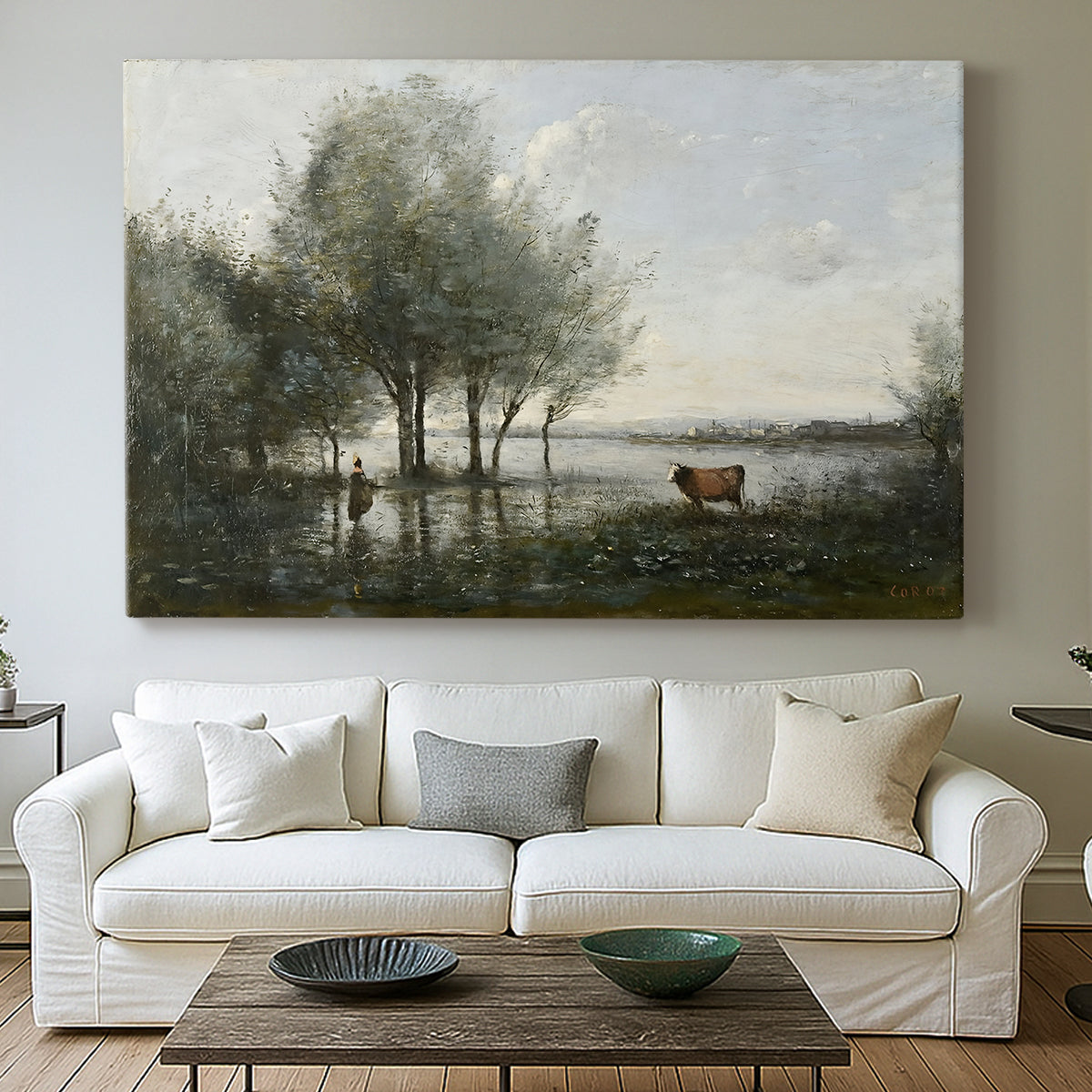 Canvas art print detailing an atmospheric natural setting with marsh and soft sky, centered above a sofa as a large focal wall piece
