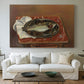 Canvas art print detailing a restrained still life of a fish in natural tones, centered above a sofa as a large focal wall piece