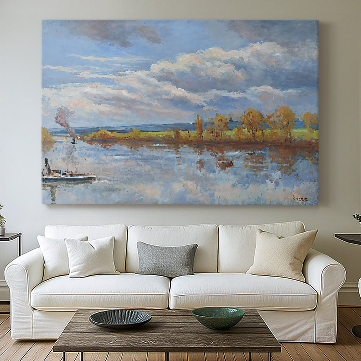 Canvas art print detailing a tranquil composition with riverbank, centered above a sofa as a large focal wall piece