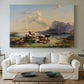 Canvas art print detailing a countryside composition with herd near lakeshore, centered above a sofa as a large focal wall piece