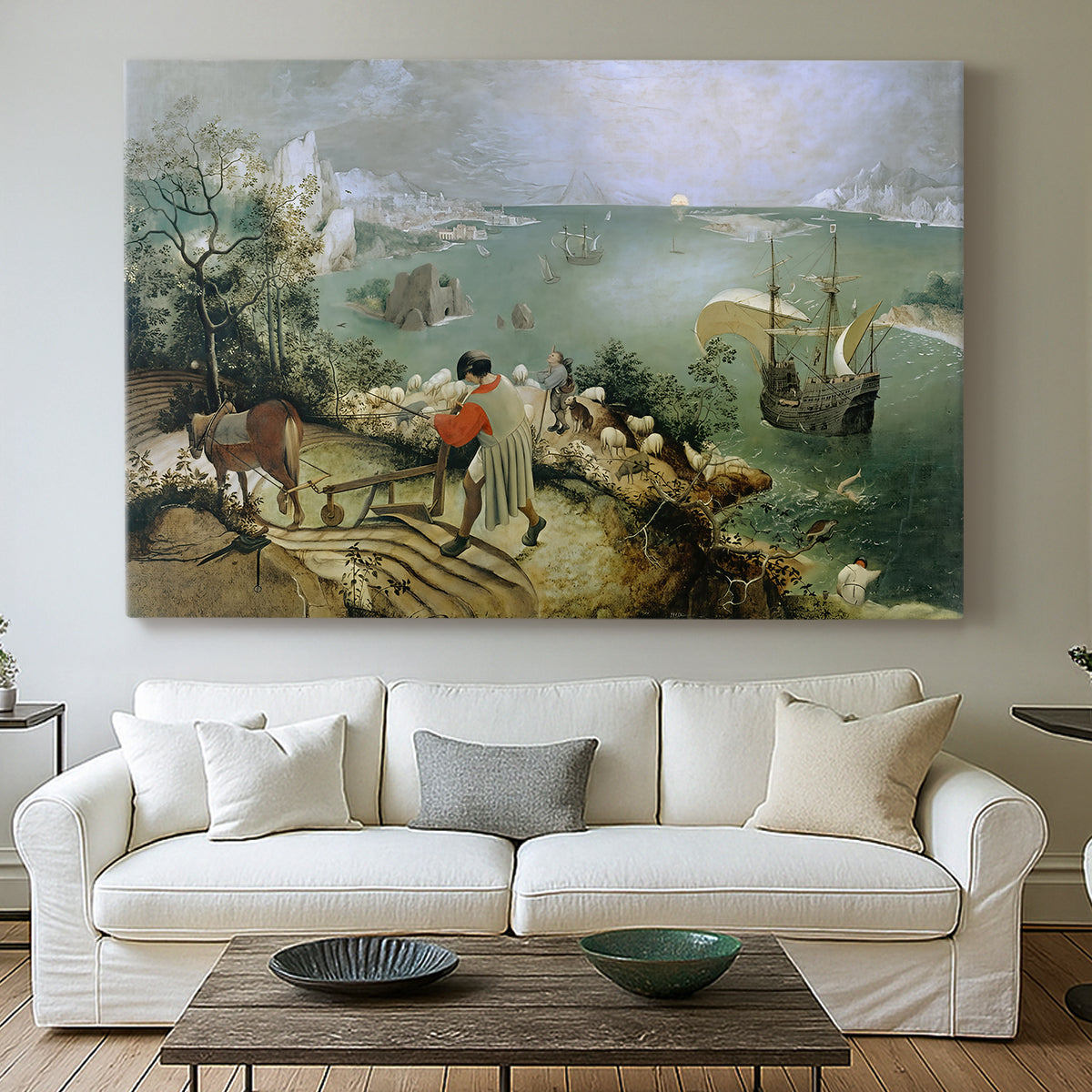 Canvas art print detailing a traditional landscape composition combining nature and myth, centered above a sofa as a large focal wall piece