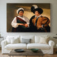 Canvas art print detailing two figures engaged in fortune telling with hidden deception, centered above a sofa as a large focal wall piece