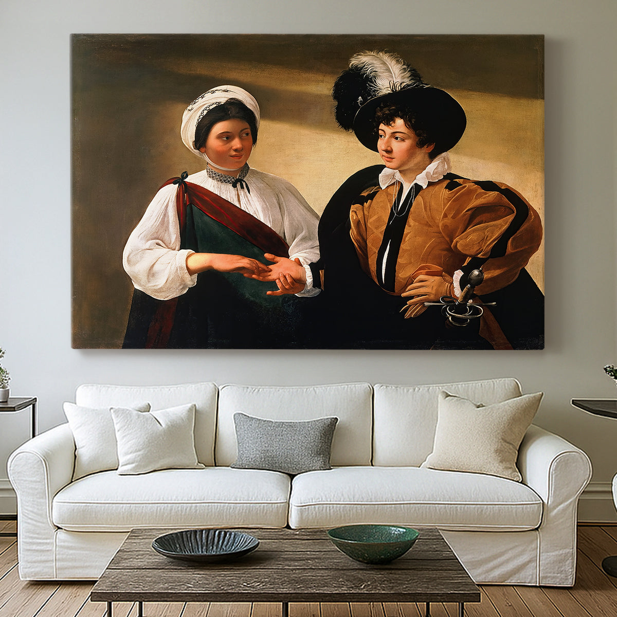 Canvas art print detailing two figures engaged in fortune telling with hidden deception, centered above a sofa as a large focal wall piece