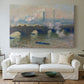 Canvas art print detailing a foggy London bridge view with softened architectural forms, centered above a sofa as a large focal wall piece