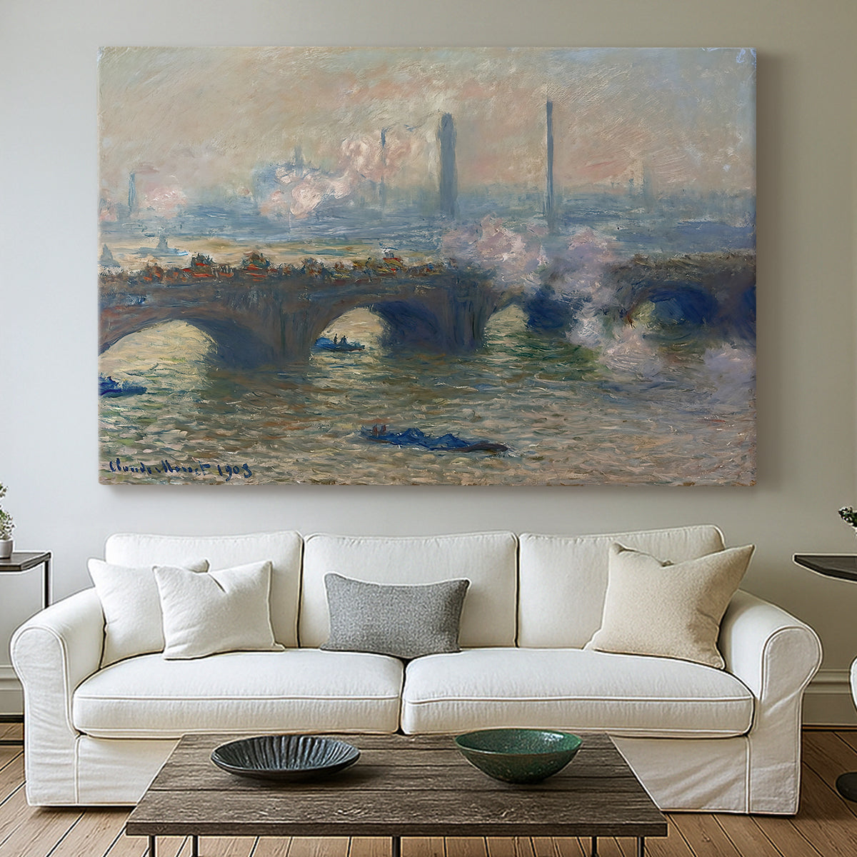Canvas art print detailing a foggy London bridge view with softened architectural forms, centered above a sofa as a large focal wall piece