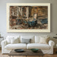 Canvas art print detailing an artistic depiction of workspace with objects and furnishings, centered above a sofa as a large focal wall piece