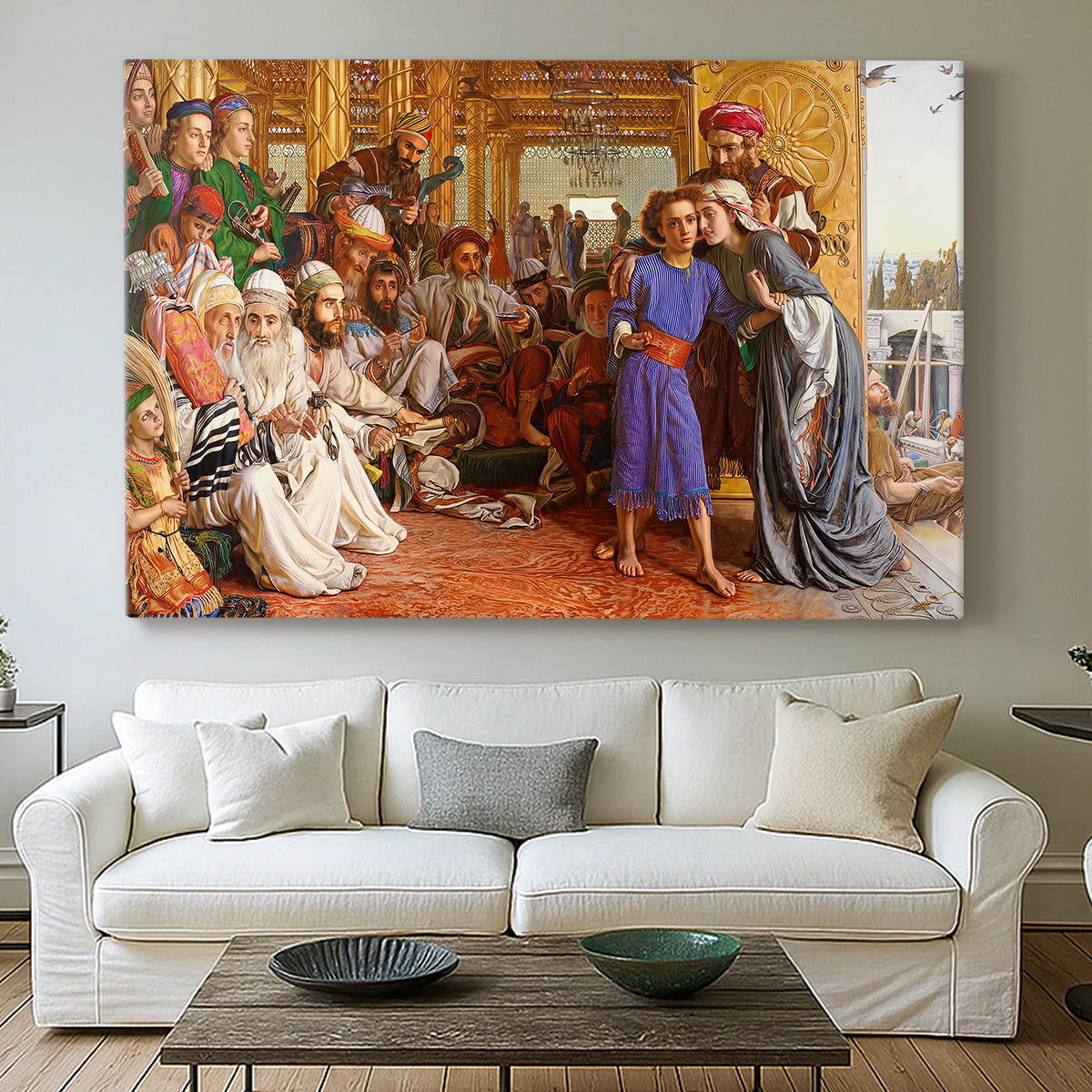 Canvas art print detailing a detailed scene with figures arranged in tiers within temple space, centered above a sofa as a large focal wall piece