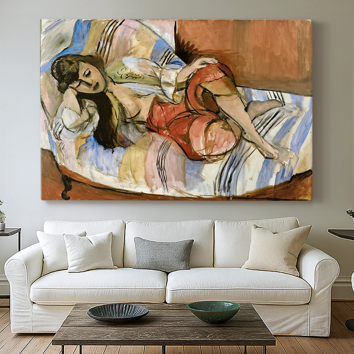 Canvas art print detailing an expressive interior scene with a lounging woman, centered above a sofa as a large focal wall piece