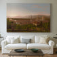 Canvas art print detailing an elevated view combining urban and countryside elements, centered above a sofa as a large focal wall piece