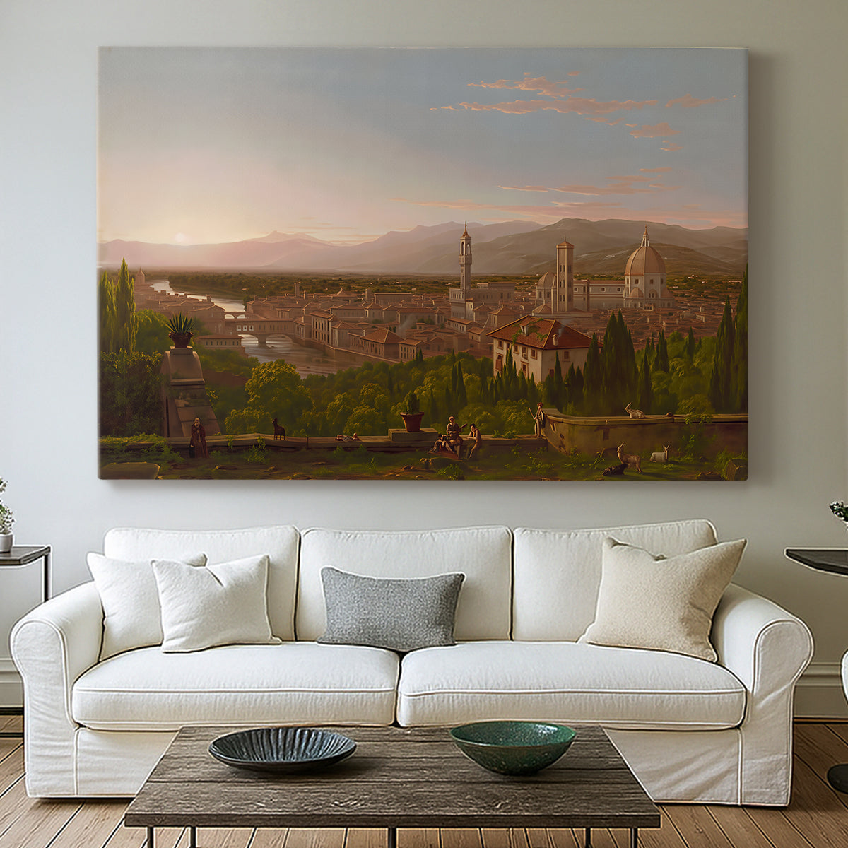 Canvas art print detailing an elevated view combining urban and countryside elements, centered above a sofa as a large focal wall piece