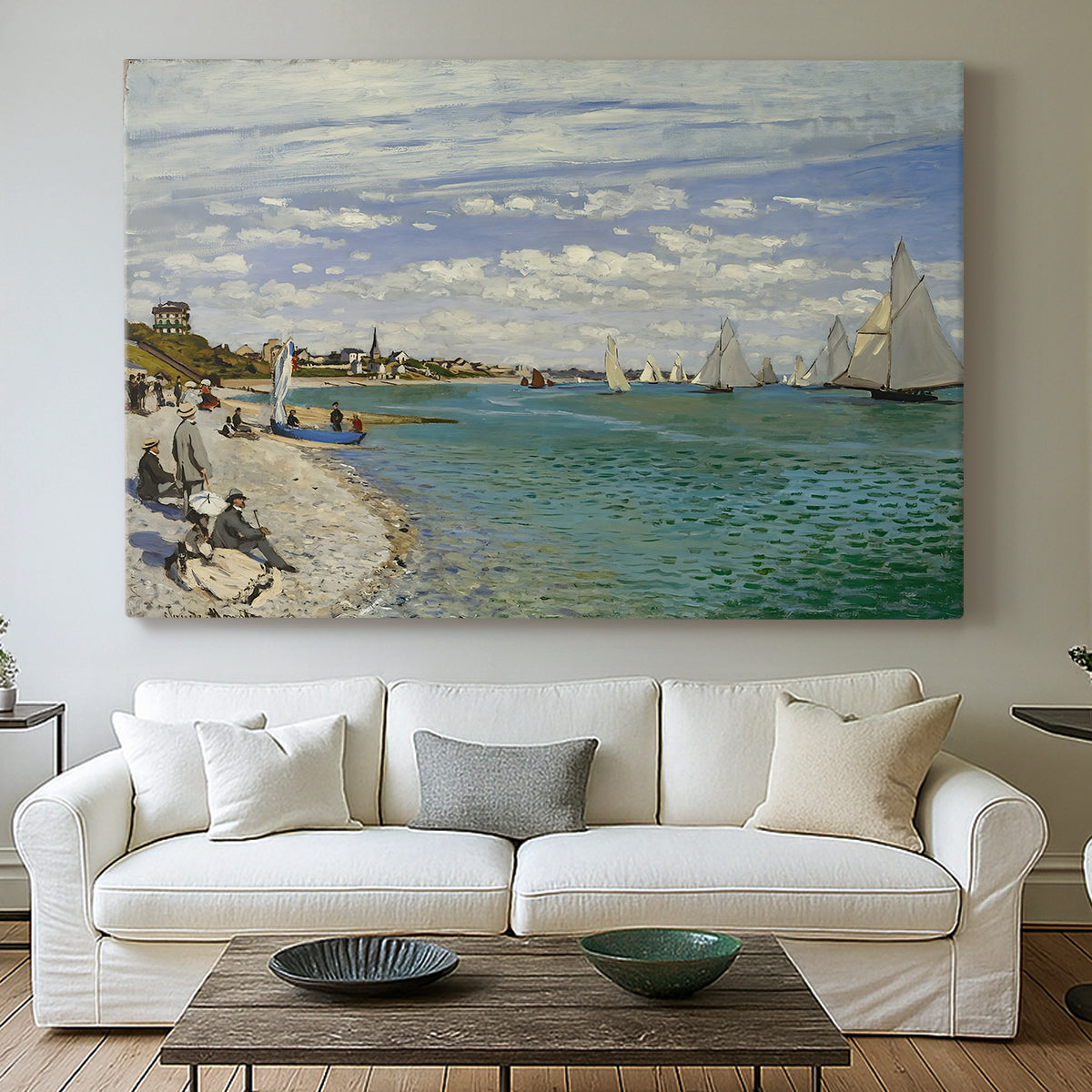 Canvas art print detailing a nautical scene with boats racing near seaside town, centered above a sofa as a large focal wall piece