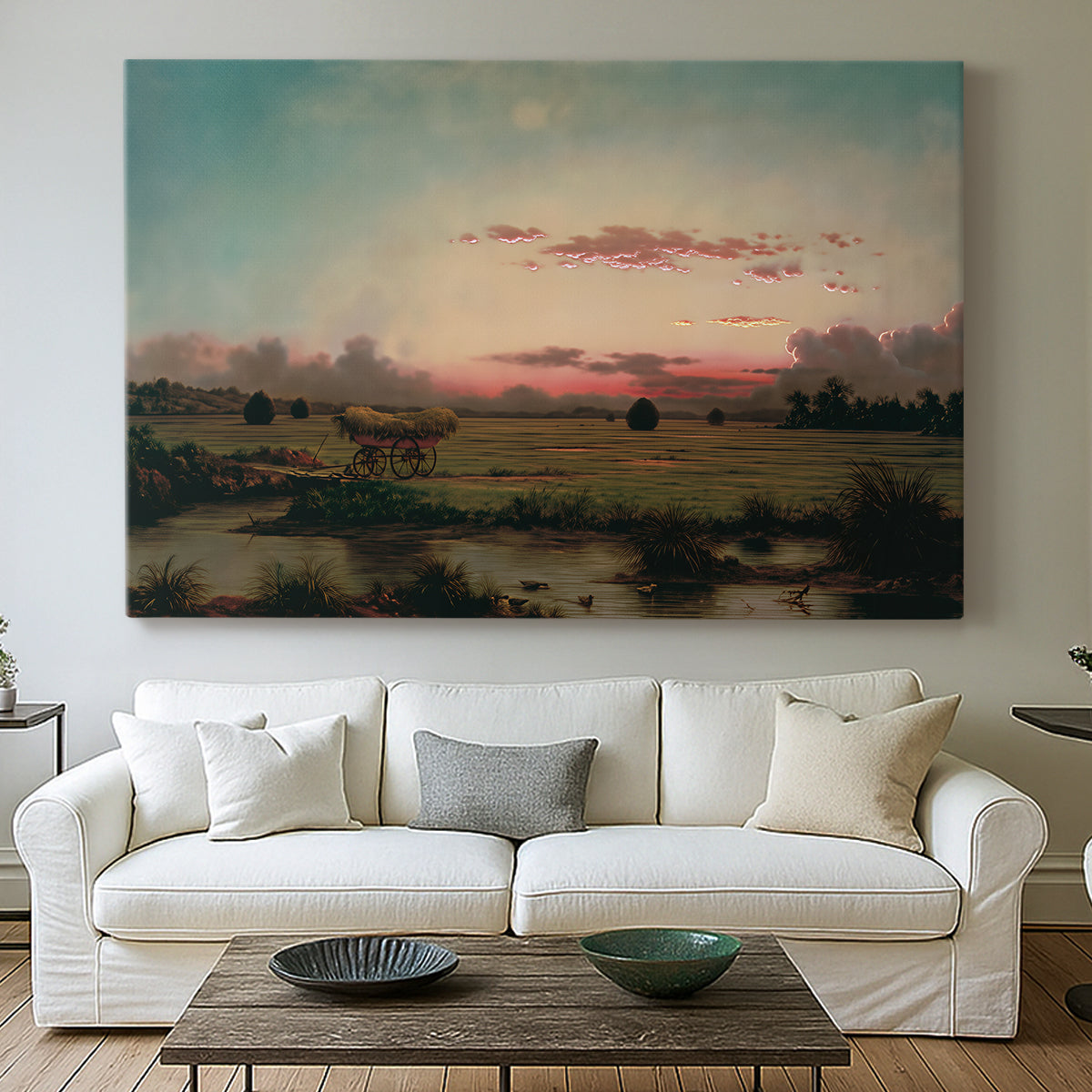 Canvas art print detailing a peaceful marsh setting, centered above a sofa as a large focal wall piece