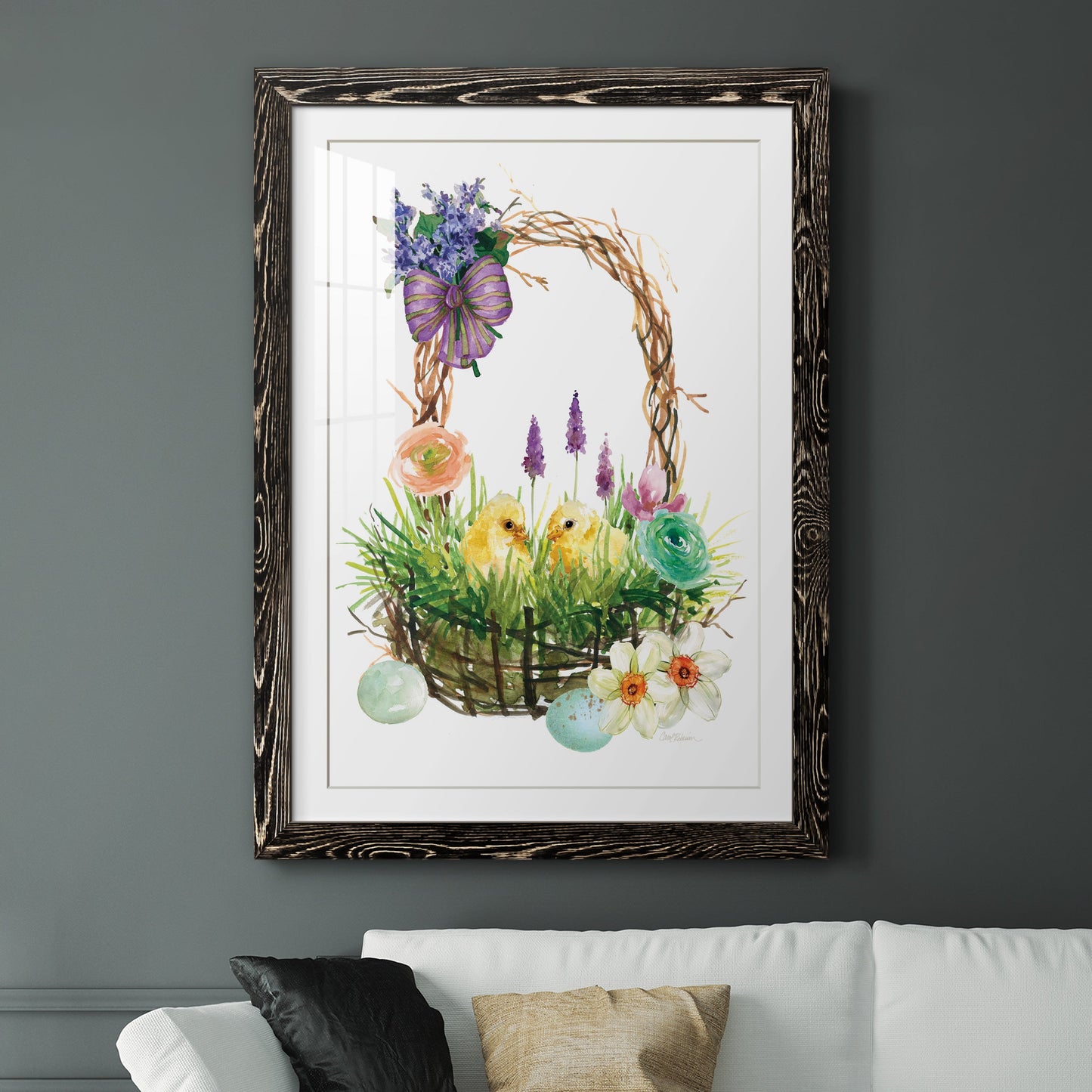 Spring Chick Basket - Premium Framed Print - Distressed Barnwood Frame - Ready to Hang