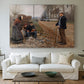 Canvas art print detailing a rustic landscape with figures along open road, centered above a sofa as a large focal wall piece