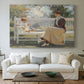 Canvas art print detailing an outdoor figure study with gentle interaction, centered above a sofa as a large focal wall piece