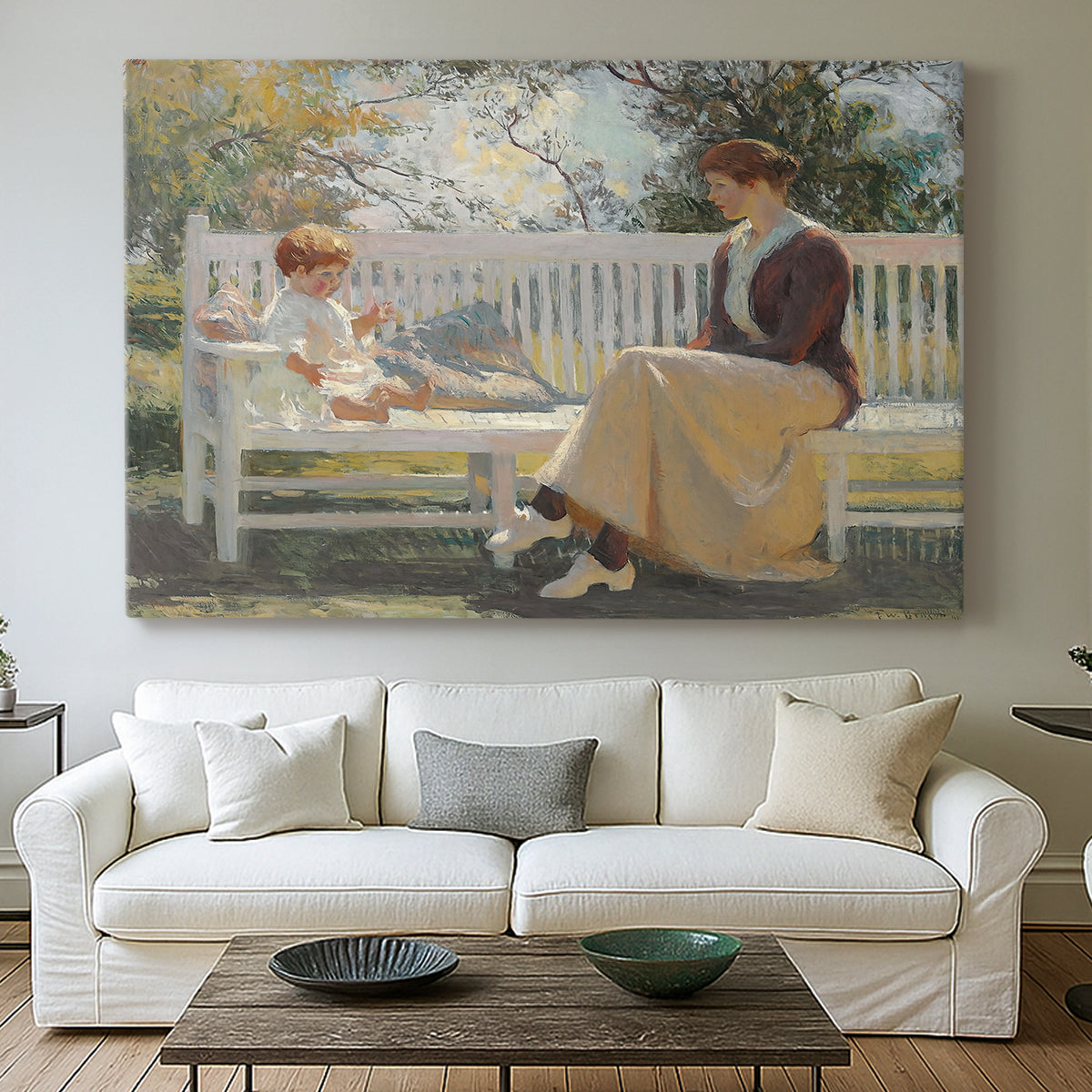 Canvas art print detailing an outdoor figure study with gentle interaction, centered above a sofa as a large focal wall piece