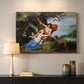 Canvas art print detailing a Baroque painting of nude figures Venus and Adonis with Cupid in forest, mounted in a softly lit interior space