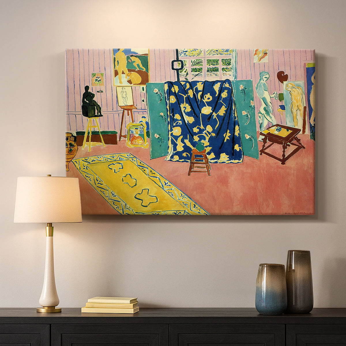Canvas art print detailing a stylized studio composition, mounted in a softly lit interior space