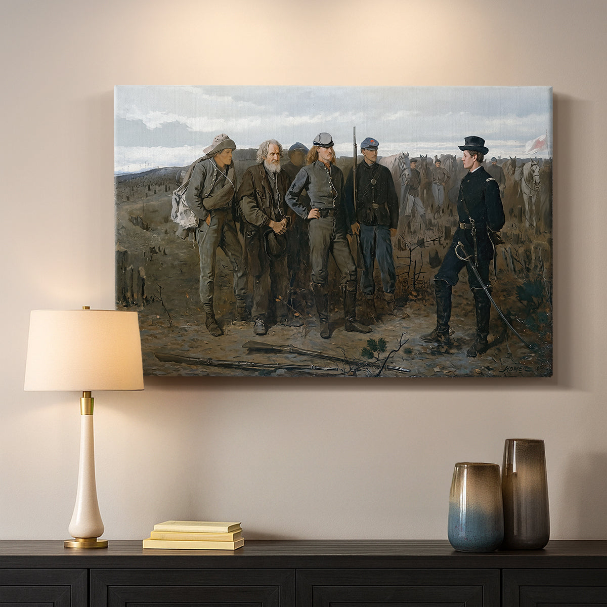 Canvas art print detailing an outdoor group scene centered on military interaction, mounted in a softly lit interior space