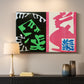 Canvas art print detailing an expressive collage with overlapping shapes and patterns, mounted in a softly lit interior space