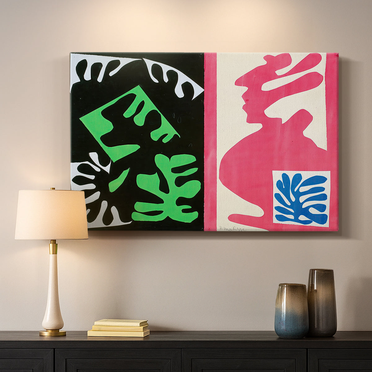 Canvas art print detailing an expressive collage with overlapping shapes and patterns, mounted in a softly lit interior space