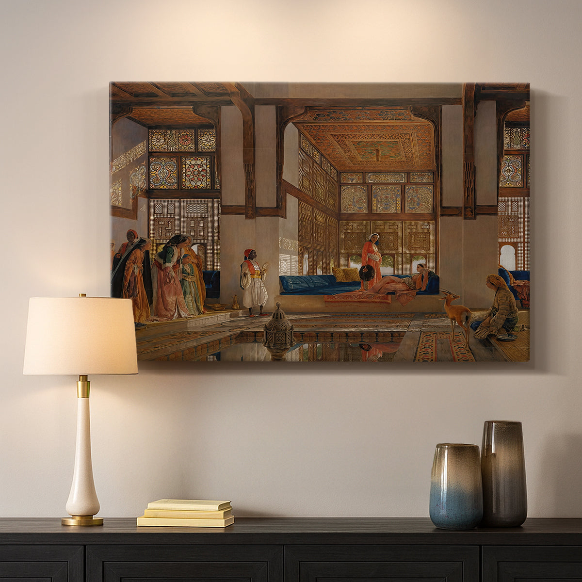 Canvas art print detailing a narrative scene of visitors gathered around central figure, mounted in a softly lit interior space