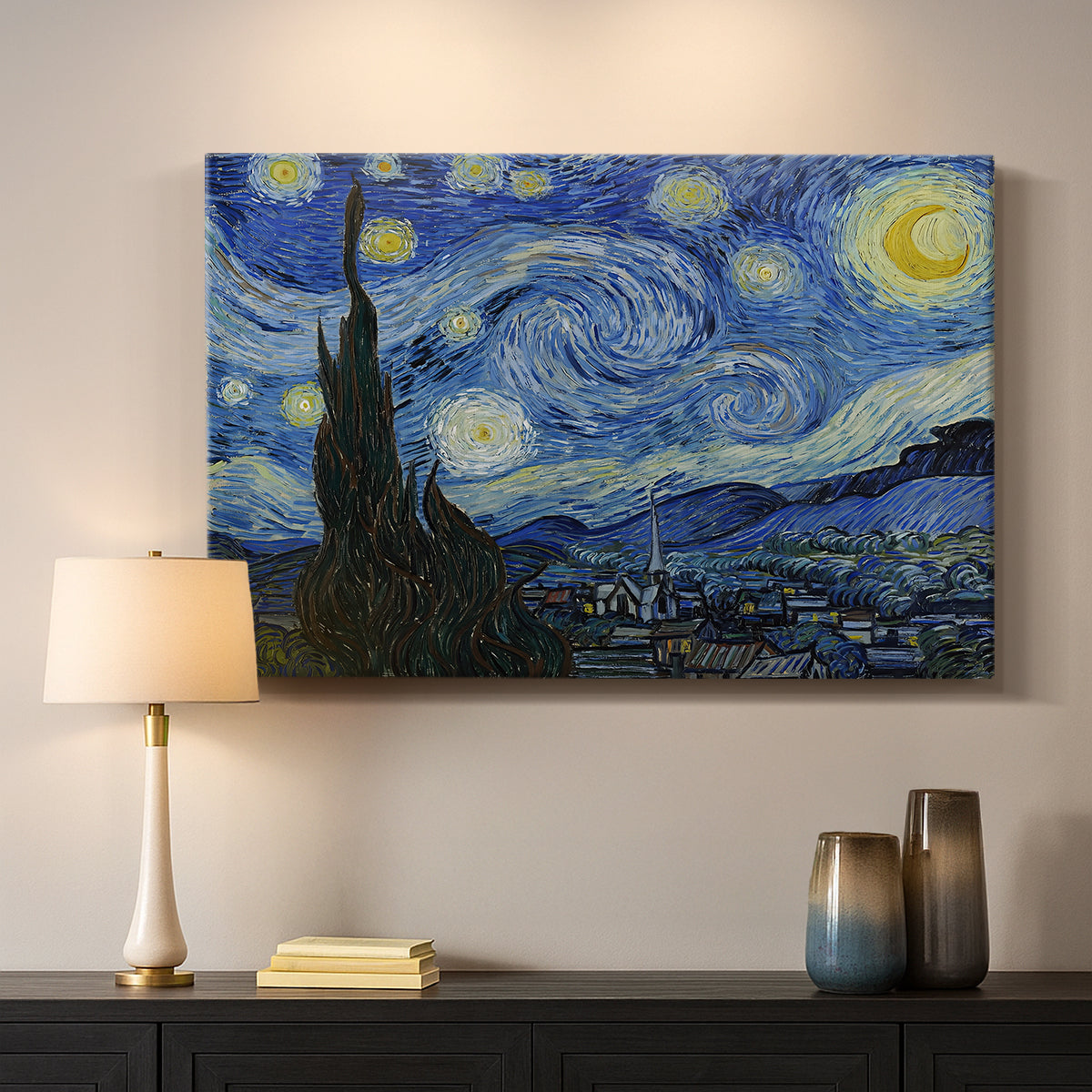Canvas art print detailing an iconic landscape featuring cypress and luminous stars, mounted in a softly lit interior space