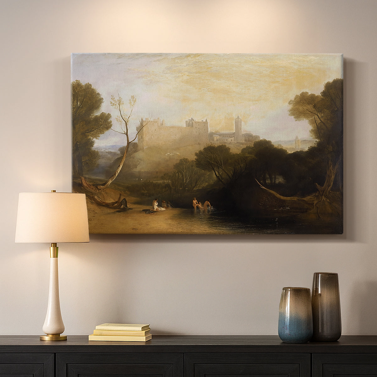 Canvas art print detailing a scenic composition combining palace and countryside, mounted in a softly lit interior space